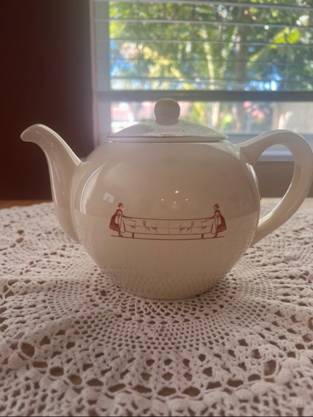 Vintage White Ceramic Teapot with Red Transfer Motif
